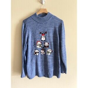 CJ Banks Furry Penguin Scarf Earmuffs Winter‎ Holiday Blue Ugly Sweater Size XL